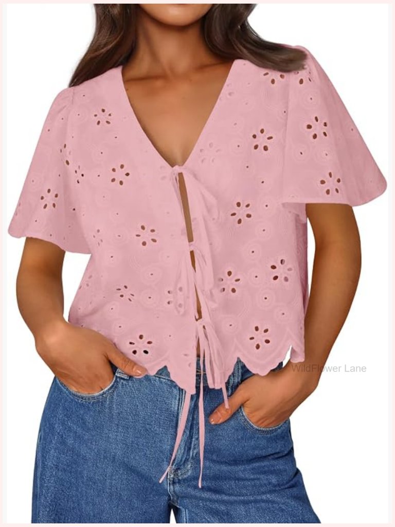 Women Boho Blouse Tie Front Eyelet Embroidered Crop Top Beach Vacation Spring